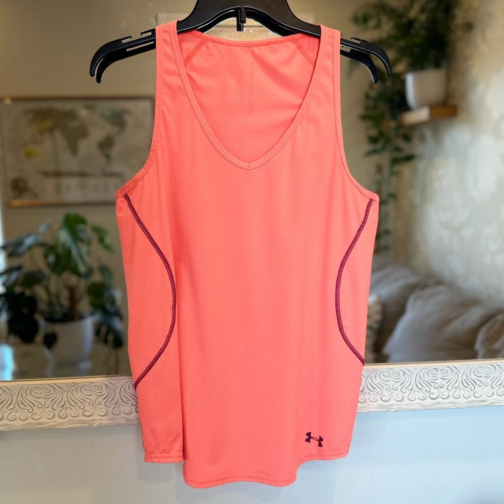 Under Armour Workout Performance Top - Bright Neon Coral Pink/Orange w/ Purple M - Picture 1 of 14